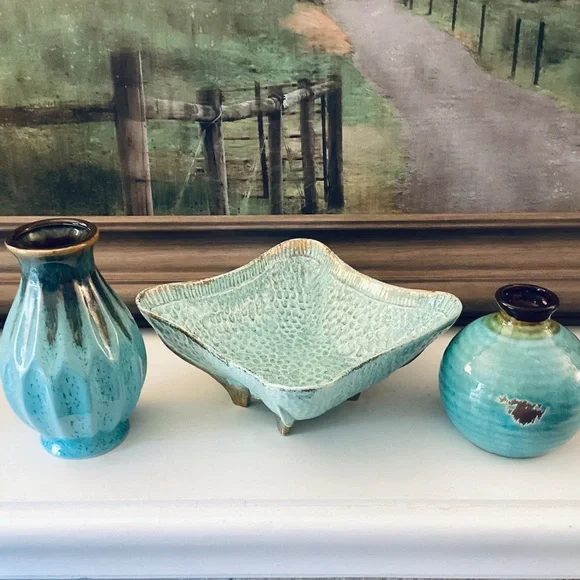 Turquoise Ceramics Set Of 3 Mixed Pieces Vases Square Bowl Home Accents Decor - Picture 4 of 12